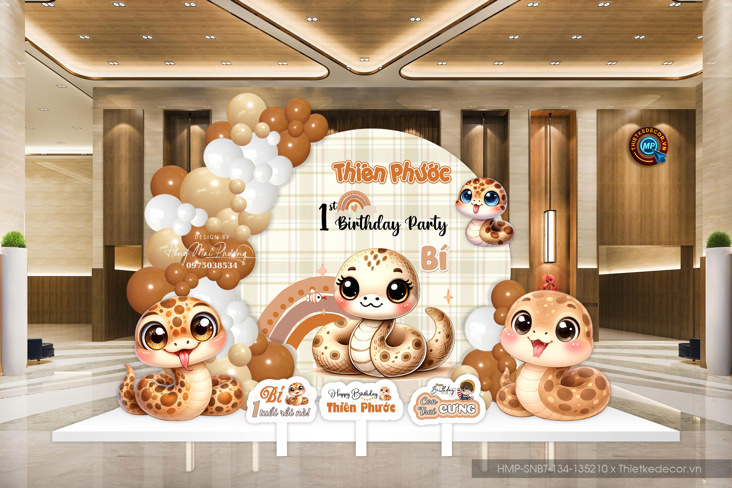 File thiết kế decor trang trí tiệc sinh nhật bé trai tuổi rắn mix bong bóng cute dễ thương đáng yêu tone  nâu